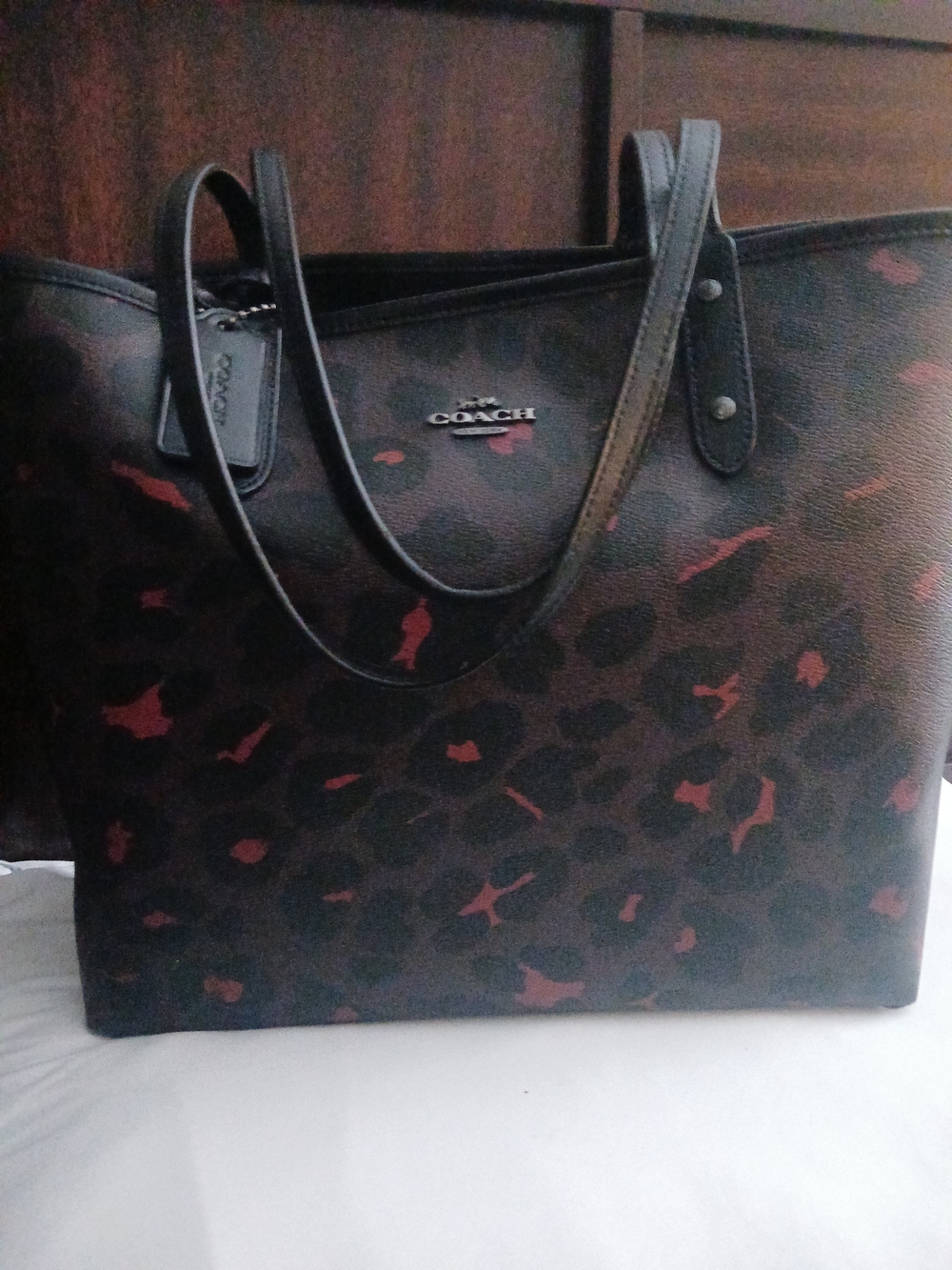 Coach Black Tote with Burgundy Leopard Accents